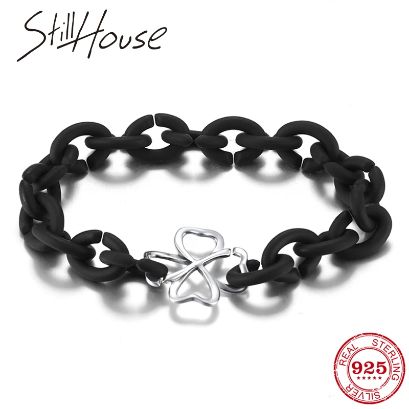 

Hot 925 Sterling Silver bead Four-leaf Clover Beads black Rubber X Handmade Bracelet women Accessories Jewellery Fashion gifts