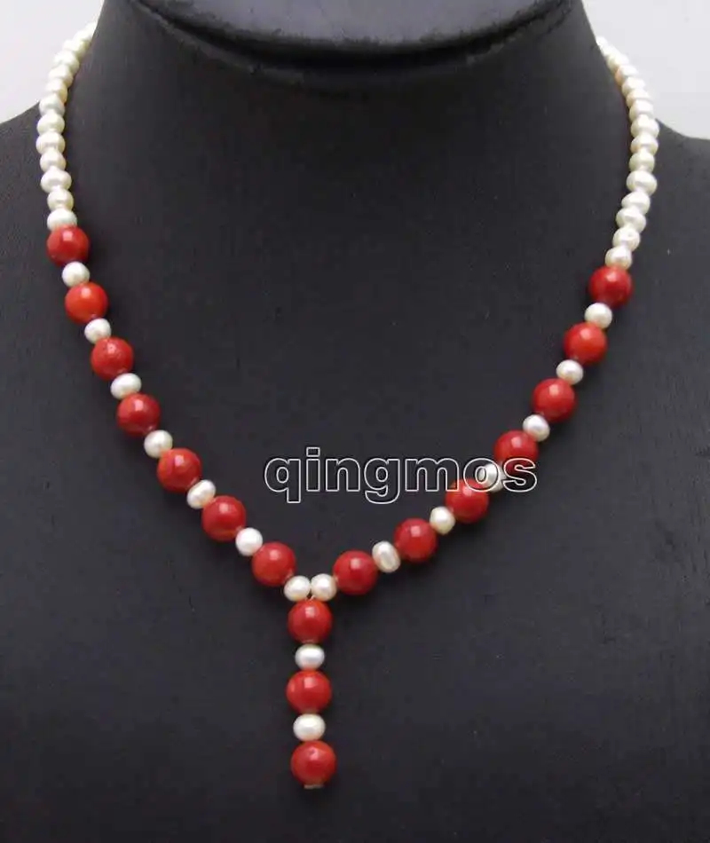 

SALE 6-7mm White Natural freshwater Pearl & 6 to 7mm Round Red coral pendant 17'' Necklace -nec5999 wholesale/retail Free ship