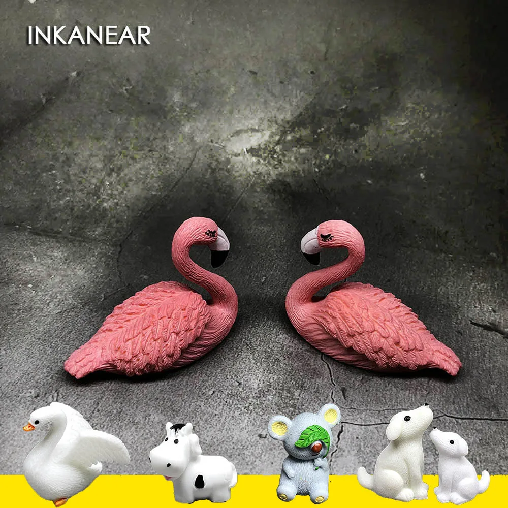 

Mini Flamingo Figurine Koala Cow Cute Rabbit Dog Bird Decor for Car Mini Fairy Garden Animal Statue Miniature Resin Craft