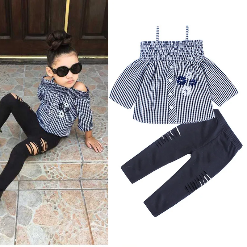 

Children's Long Sleeve Plaid Flower Blouse Tops + Hole Legging Trousers Fashion Girls Clothing Sets Kids Two Pieces Suits