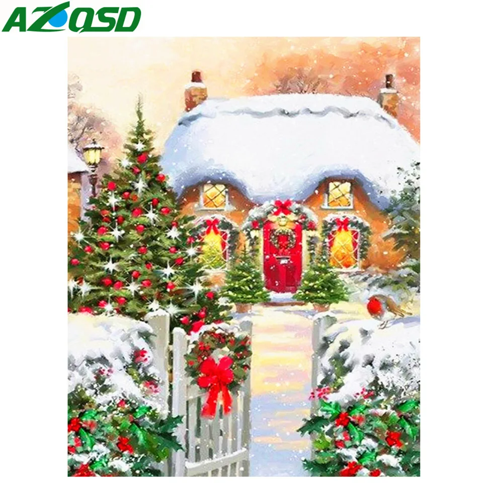 

AZQSD Diamond Mosaic Scenery House Cross Stitch Christmas Decorations For Home Rhinestones Pictures Full Display Handmade Gift