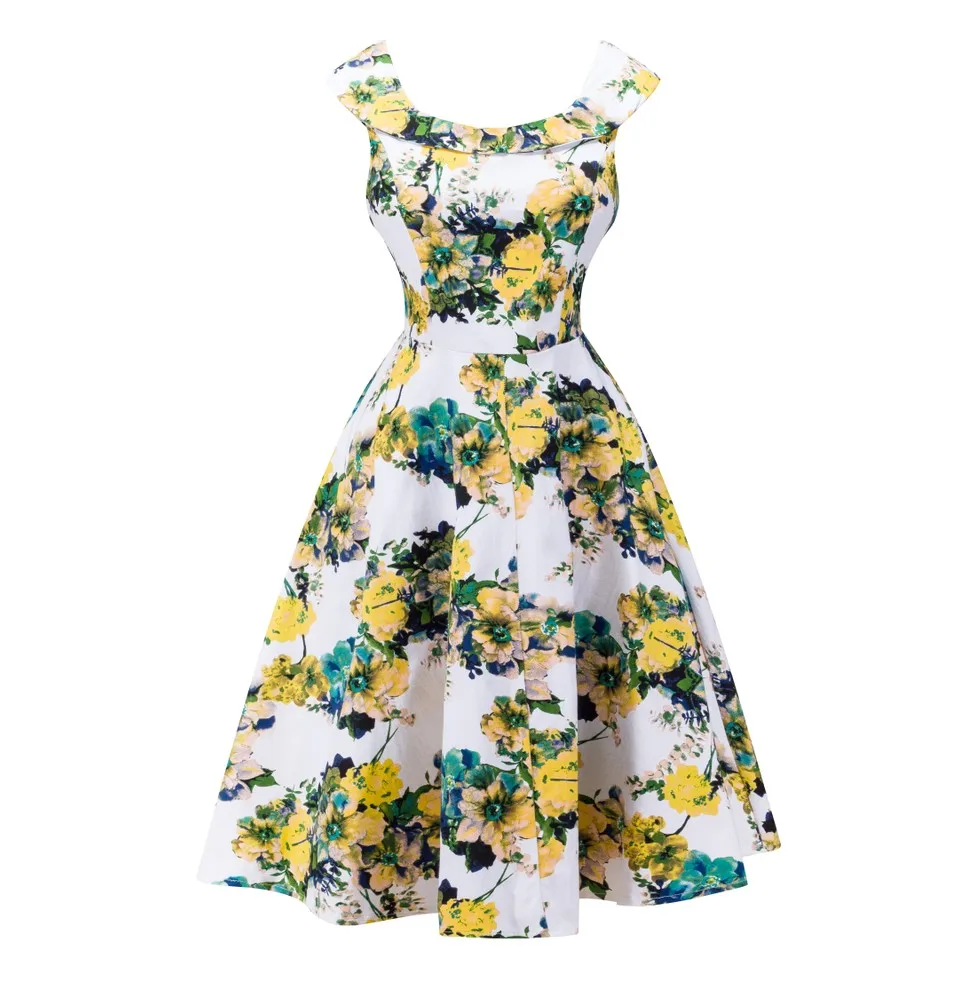 Kuning Floral Print Rockabilly 7 s Vintage Penuh Lingkaran Ayunan Gaun Bola Gaun Gaun Kasual Kuning Floral Print Rockabilly 7 s Vintage Penuh Lingkaran Ayunan Gaun Bola Gaun Gaun Kasual