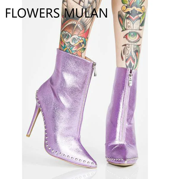 

2018 New Fashion Show Bling Silver Purple Leather Ankle Boots Lady Chic Pointed Toe With Rivets Side High Heels Shoes Front Zip