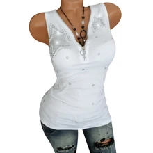 Летний женский сексуальный жилет без рукавов с v-образным вырезом, рубашка со звездами и стразами, женская рубашка на молнии зауженный белый чёрные майки Camiseta feminina