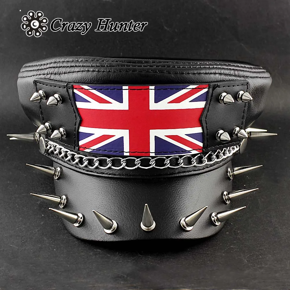 Men's Long Spike Real Leather Hat Biker Punk Rock Hat UK Flag Cap CH1 ...