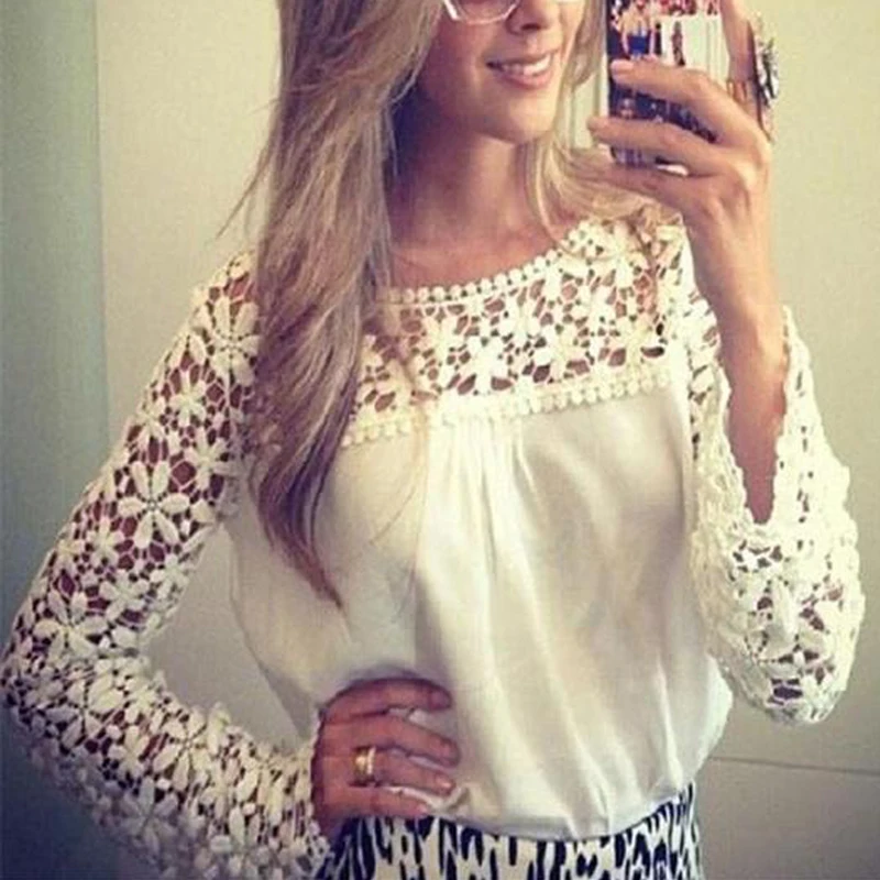 

Plus Size S-7XL Fashion Women's Blouse Openwork Hollow Long Sleeve Summer Tops Embroidery Lace Flower Crochet Chiffon Shirts