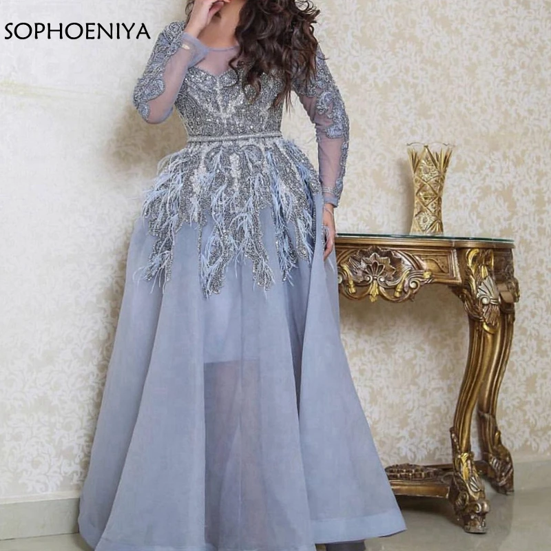 

New Arrival Organza Long sleeve Muslim Evening dress 2019 abendkleider Formal dress Party Evening gown Lace Feathers abiye