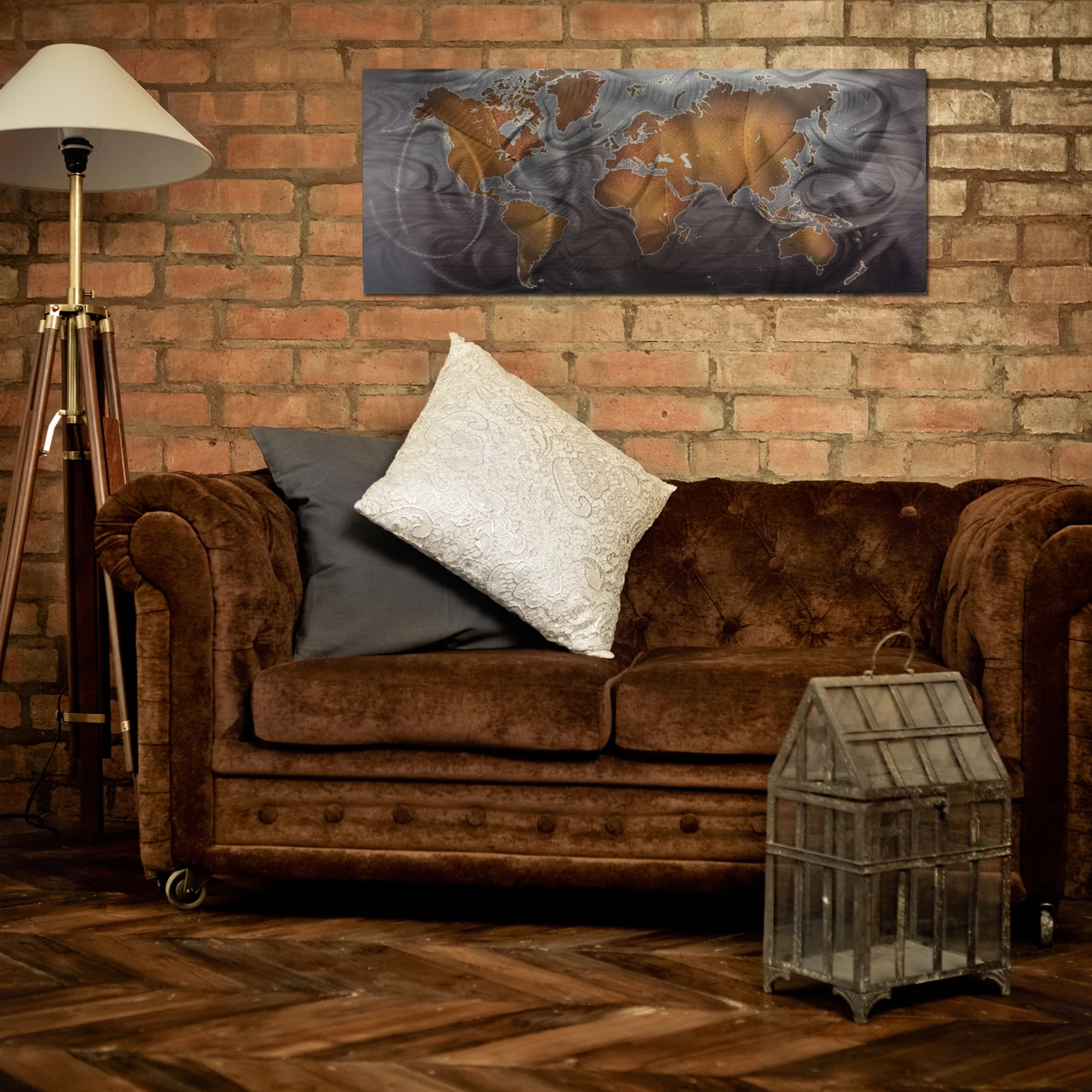 Map Artwork - Travel Art 'Bronze/Pewter Land & Sea' - 48x19in. - Rich Abstract World Art. World Map Art Prints (1)