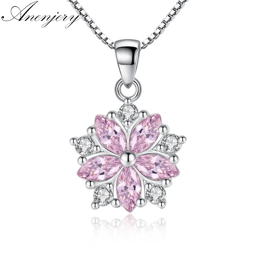 

Anenjery 925 Sterling Silver Pink Clear Crystal Zircon Cherry Blossom Flower Chain Necklace For Women Girl choker S-N223