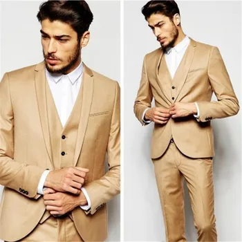 

Mens Party Prom Suits khaki Groom men suit Tuxedo costume homme terno masculino 2017 Wedding Blazer Suits (Jacket+Pants+Vest)