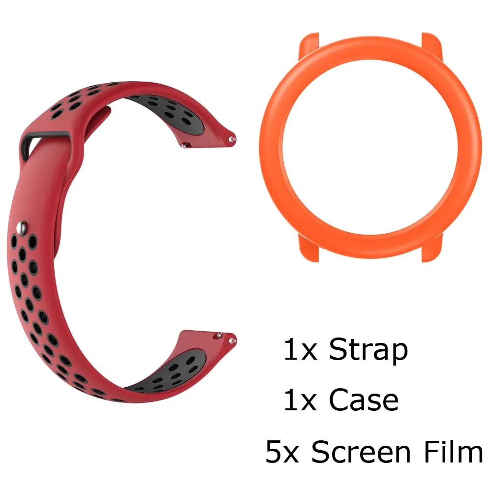7/лот для Xiaomi Huami Amazfit Pace ремешок для часов браслет силиконовый Pulsera Correa Band защитный чехол Защитная пленка для экрана - Цвет: RedBlack-Orange
