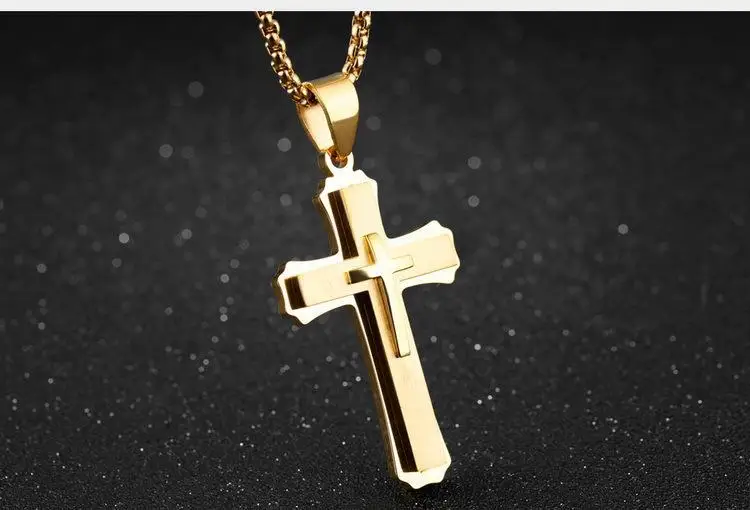 FntYcm трехслойный кулон с крестиком Иисуса из нержавеющей стали, мужские талисманы, ожерелье с цепочкой, золотое, серебряное, черное ожерелье, s подвески - Окраска металла: Gold