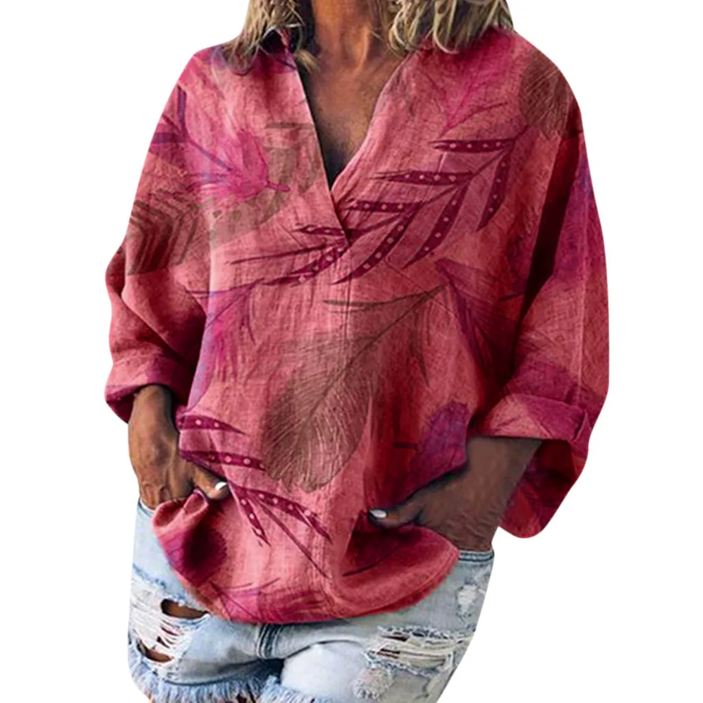

Autumn Women Blouse Plus Size Loose V-Neck 2019 New Casual Leaves Print Basic Long Sleeve Tee Female Shirt Top boho Blouses 7.22