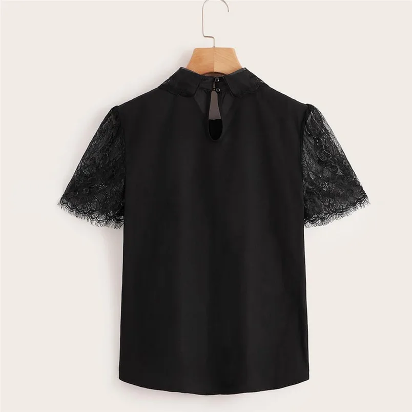 New Design Comfortable Womens Women Lace Solid Pullover Top Black Soft Daily Summer Clothing For Women Ladies 35JU12 (2)