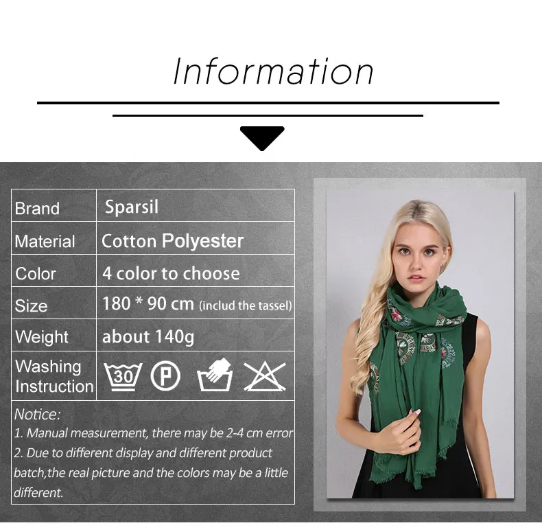 Sparsil женский хлопковый льняной шарф с принтом, цветочные вышитые шали, лето-осень, тонкая мягкая обертка 180x90, пашмины женские шарфы