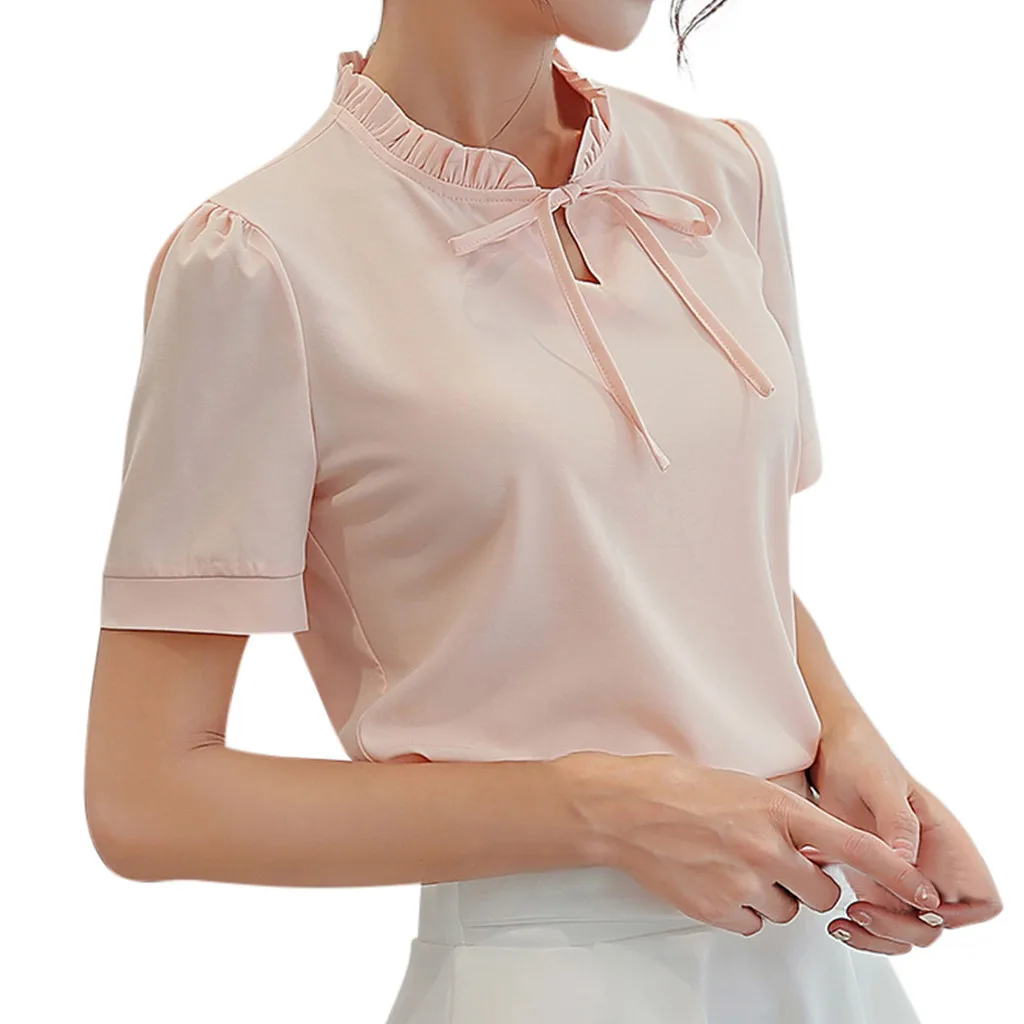 Women Fashion Blouse 2019 Women Summer Work Office Short Sleeve Bow Tie Solid Chiffon Blouse Tee Shirt Top