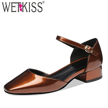 

WETKISS Sandals Women 2019 New Patent Leather Sandals Woman Summer Low Heels Shoes Female Ankle Strap Square Toe Shoes Green