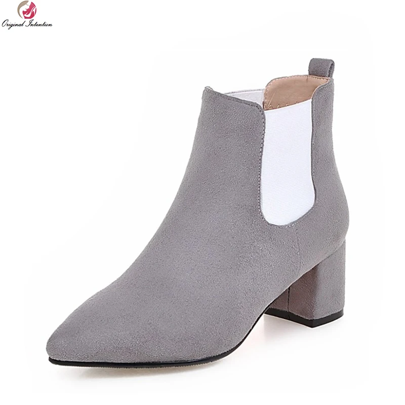 

Original Intention New High-quality Women Ankle Boots Elegant Pointed Toe Square Heels Black Red Grey Shoes Woman US Size 4-10.5