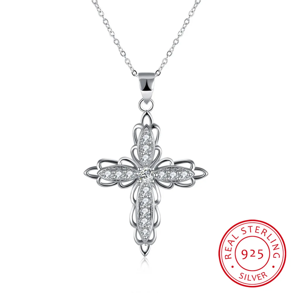 

100% Pure 925 sterling silver jewelry hollow double row big cross with stone pendant necklace for women fine wedding jewelry