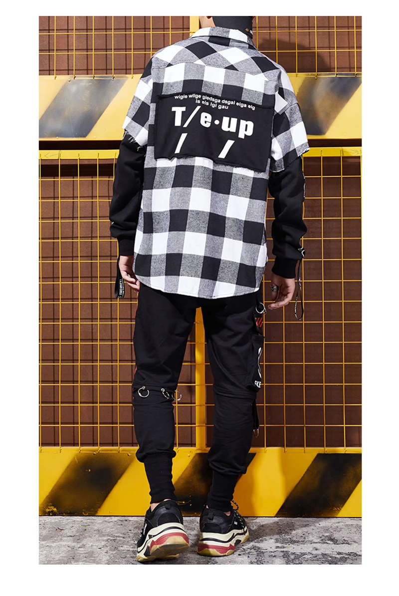 Red And Black Plaid Patchwork Shirt Men  (7)