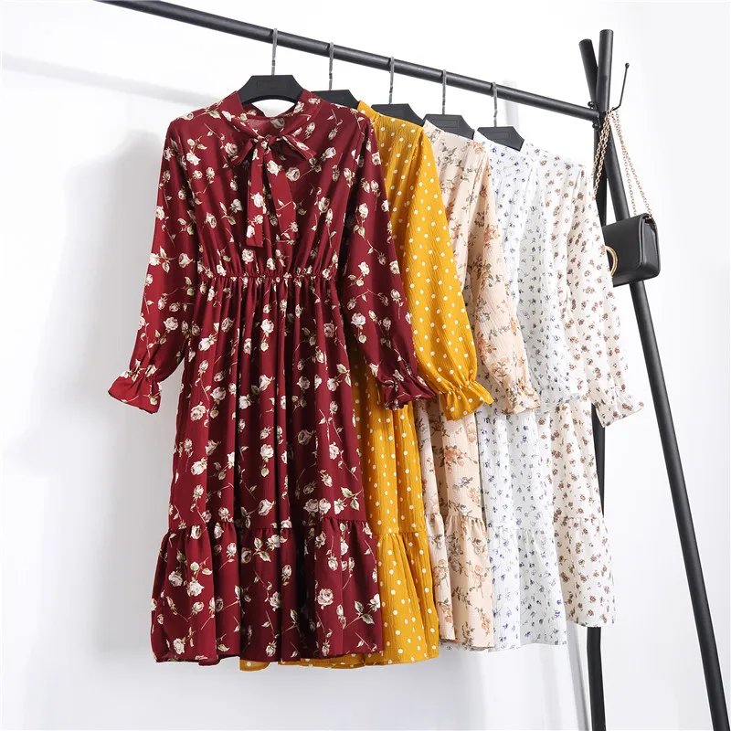 

Women Corduroy High Elastic Waist Vintage Dress A-line Style Winter Women Full Sleeve Floral Print Dresses Feminino 25 Colors
