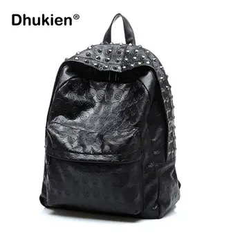 

High Quality PU Leather Women Rivet Skull Punk Backpack for Teenage Girls College School bag Men Black Travel Bookbag Vintage