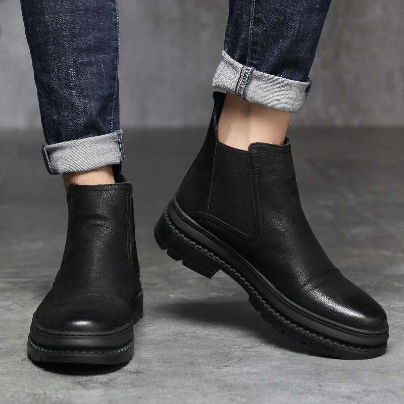 Plus Size 38-47 Chelsea Boots Men Winter Shoes Black Genuine Leather Thick sole Mens Footwear Warm Plush nonslip snow boots