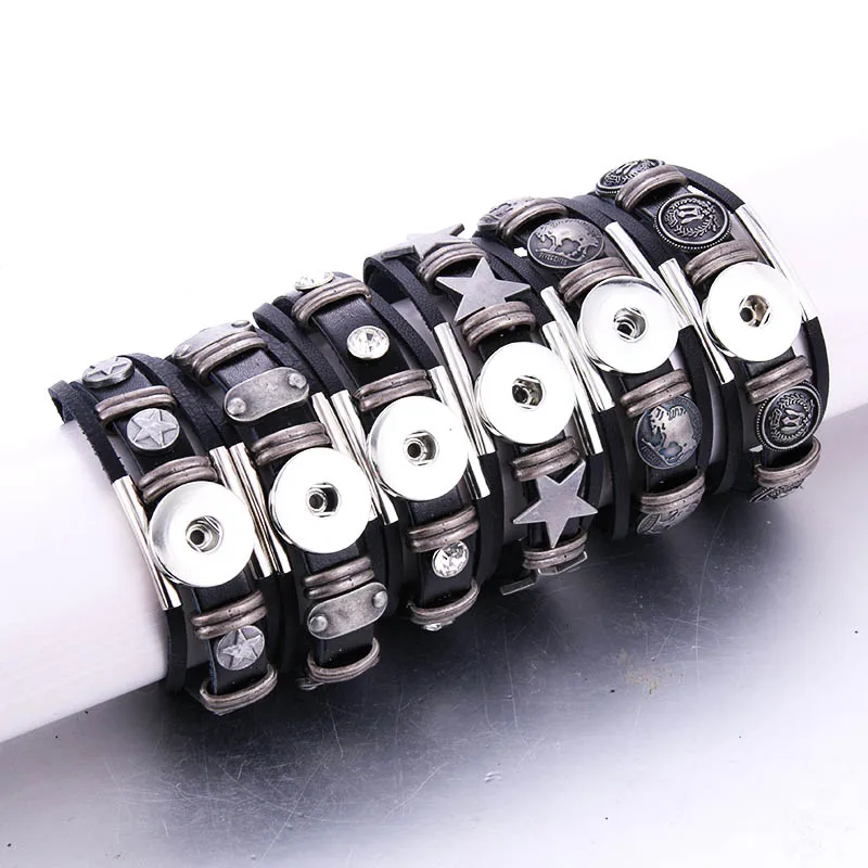 

Black Genuine Leather Snap Bracelet Retro Handmade Braided Leather Snap Button Bracelet Bangles fit 18MM Snap Jewelry 4397