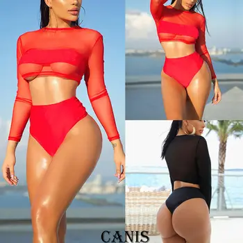 

Sexy Womens Mesh stitching Bikini Set High Waist Swimsuit Bathing Suit Swimwear Summer Sexy Women Mesh Long Sleeve High Waist
