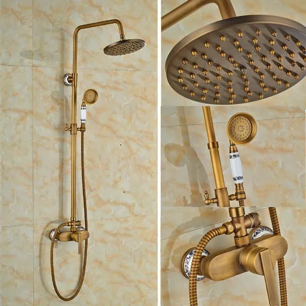 Antique 8" Brass Rainfall Shower Faucet Set with Handheld Shower Wall
