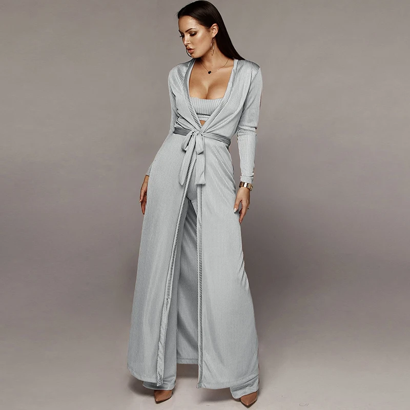 

Three Piece Sets Women Belted High Waist Long Sleeve Coat Spaghetti Strap Cop Top Pants Suits for Women Clothes Set Knitwear New