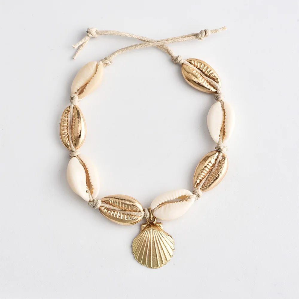 

Antique Gold Color Anklet Women shell sequins Beads Geometric Bracelet Charm Bohemian Ankle Bracelet Boho Foot Jewelry
