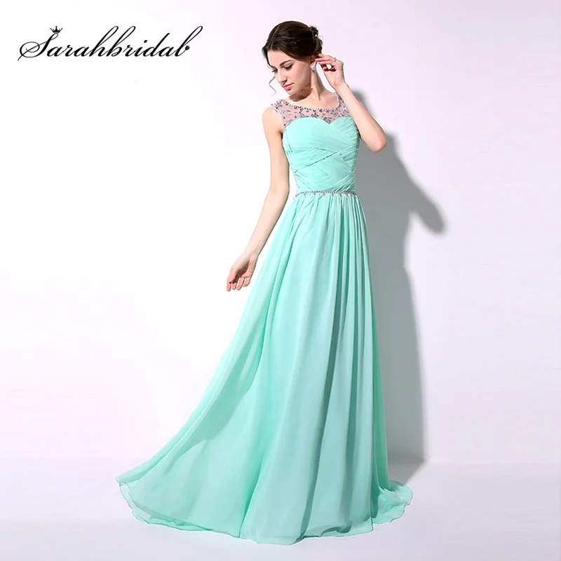 

Cheap A-Line Long Mint Chiffon Prom Dresses 2018 with Crystal Sheer Neck Beaded Waist Sexy Evening Party Gown in Stock SD184
