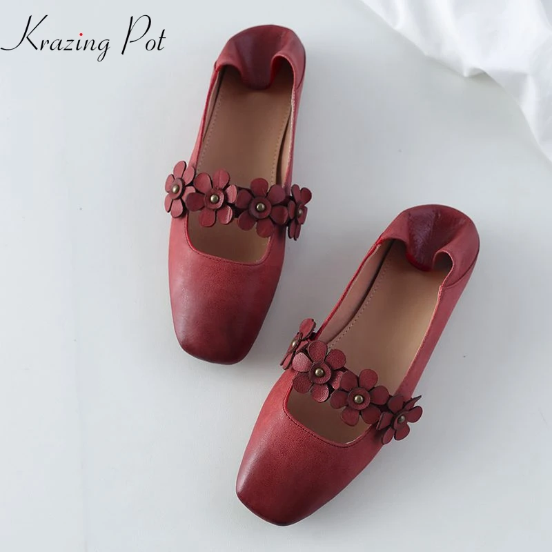 

Krazing pot women brand appliques flowers decoration flats square toe genuine leather elegant shallow slip on women shoes L16