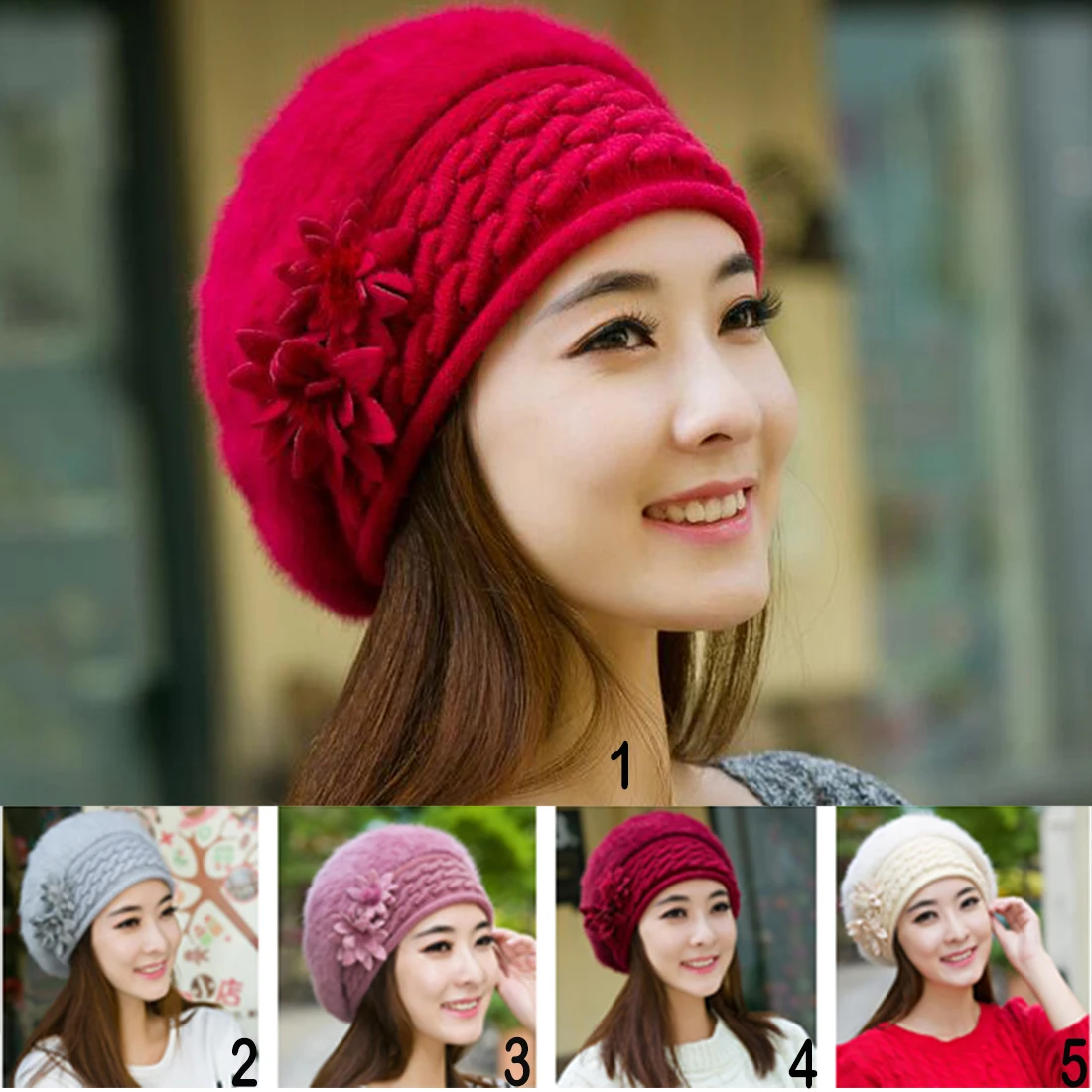 

Women Winter Warm Cap Korean Version Knitted Hat Rabbit Fur Headgear Headdress