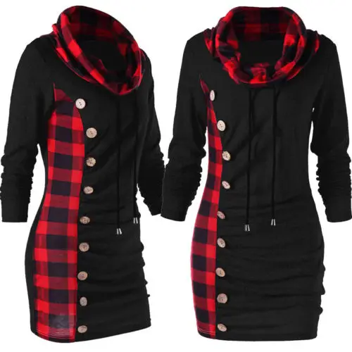  Women Winter Long Sleeve Turtle Neck Jumper Hoodies Sweatshirt Plaid Autumn Casual Top Outwear