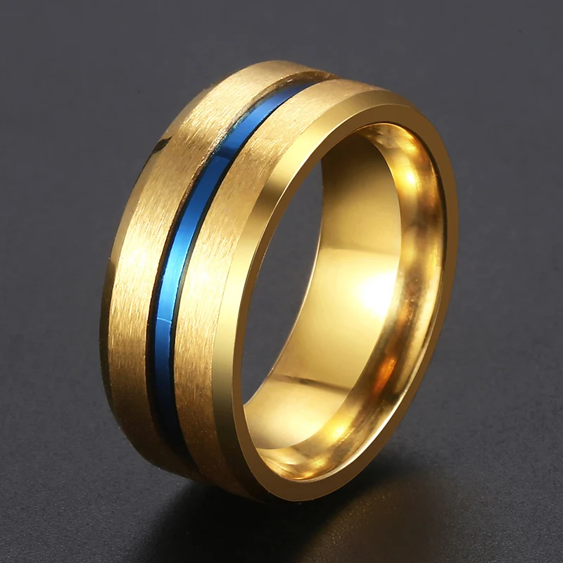 8 мм матовая поверхность мужское кольцо Золотая/синяя линия нержавеющая сталь обручальные кольца Подарок на годовщину для мужчин Классические мужские ювелирные изделия KRM46
