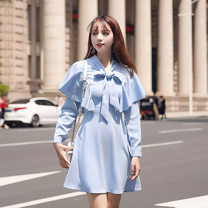 

Female Spring Elegant Dress Korean Fashion Women Long Sleeved Sky Blue Party Dresses