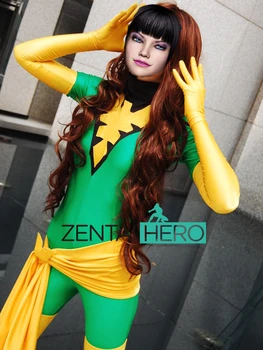 

Newest Custom X-Men Costume Phoenix Jean Grey Sexy Green Gold Lycra Spandex Superhero Zentai Catsuit Halloween Costume With Belt
