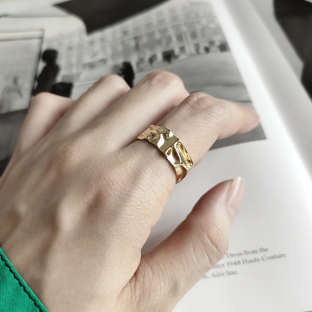 

100% 925 Sterling Silver Open Ring for Women INS Minimalist Irregular Uneven Pattern Gold Color Band Jewelry Bijoux Birthday