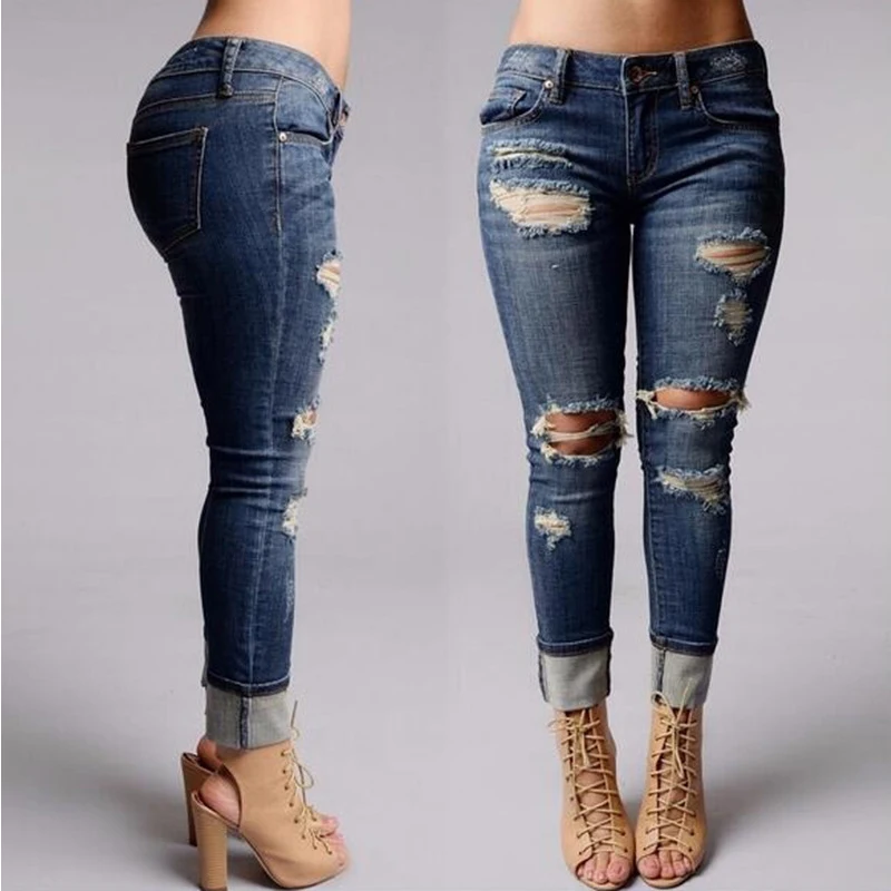 2017 Fashion Style Women Middle Waist Jeans Full Length Ripped Skinny