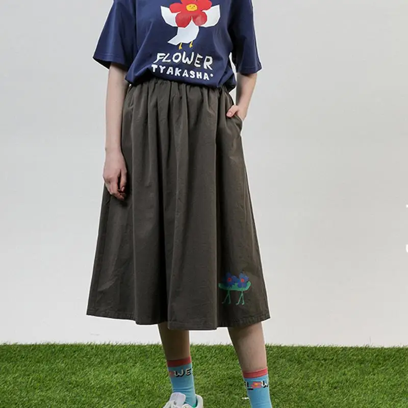 

Summer Harajuku New Design Women Brown Skirt Casual A-line Length Flower Print Elastic Waist Pleated School Skirts