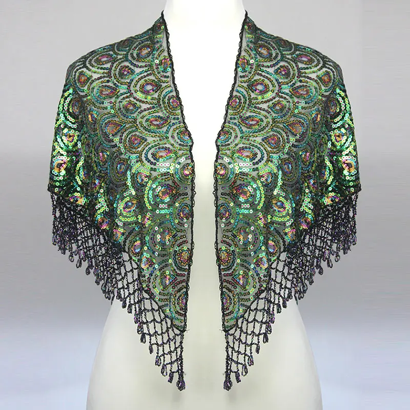 

Women's 1920s Shawl Wraps Sequin Beaded Evening Cape Peacock Bridal Open Shawl Bolero Triangle Design Flapper Cover Up