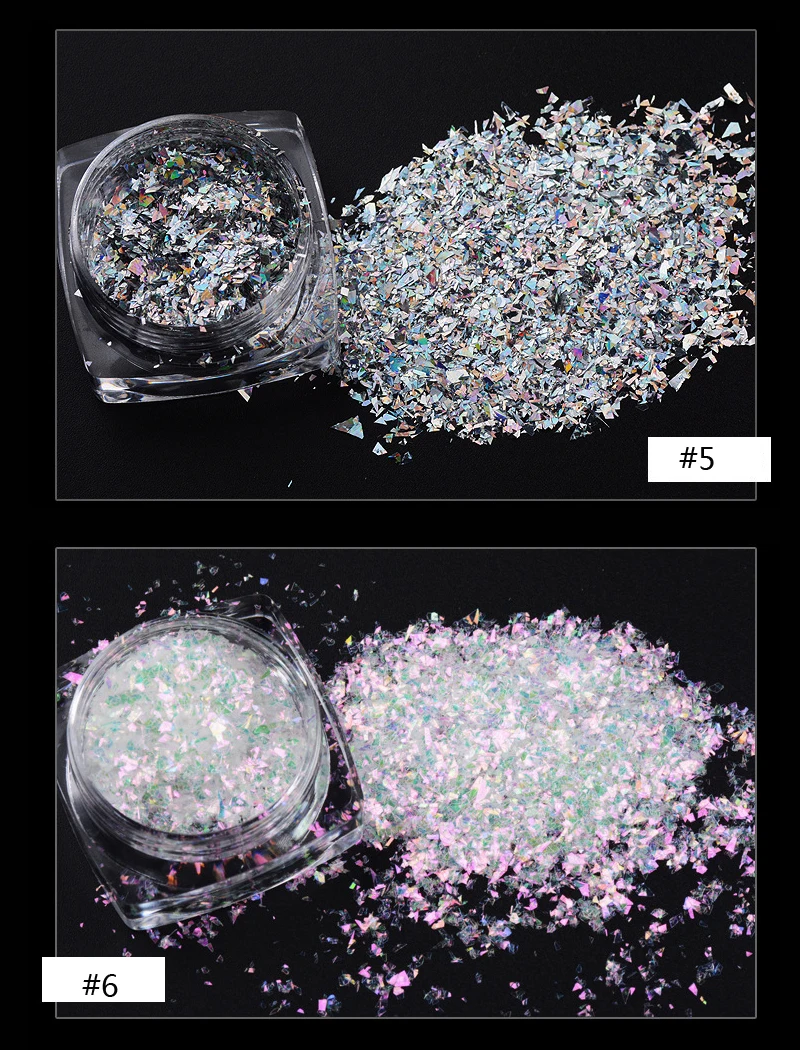 6 Colors 6 Boxes Aurora Flakes Holographic Transparent Nail Art Flake Pigment Crushed AB Nail Flakes - Iridescent Aurora