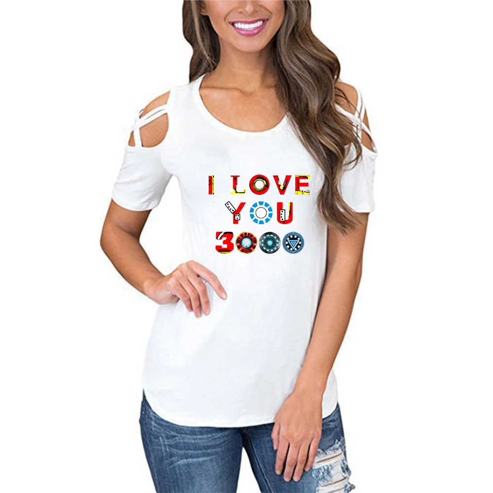 

Drop shopping I Love You 3000 Times Print High Quality Women T Shirt Female Shoulder Vintage Summer Women T-Shirt Hollow Tops