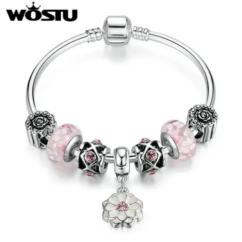 

Hot Fashion Blooming Dahlia Charms Bangle For Women Original Silver color DIY Beads Jewelry Fit Bracelet Gift XCH3807