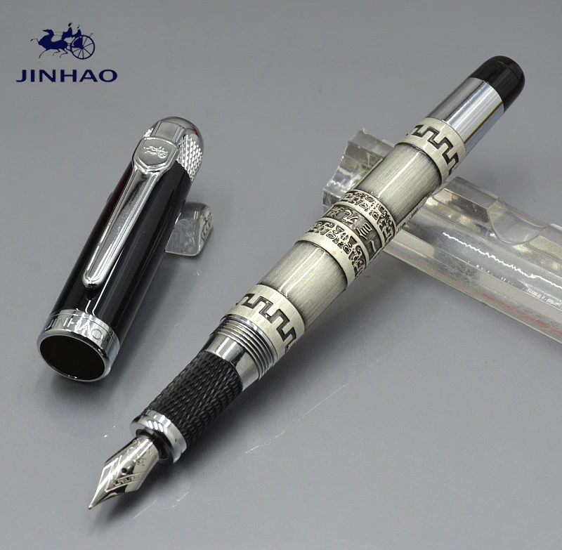 Jinhao 189 Роскошная Серебряная/Золотая M перьевая ручка с "YI YAN JIU DING" гравировальный бренд чернила для письма ручки для рождественского подарка