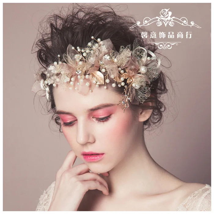 Корейский шелк пряжа цветок невесты головной убор красота свадебные аксессуары для волос розовый орнамент волос Свадебная диадема bijoux de