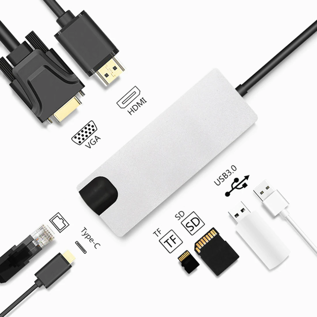 8 en 1 Tipo C hub tarjeta USB 3,0 tipo C a 4 K HDMI VGA Lan Ethernet RJ45 adaptador lector con puerto de carga - 2