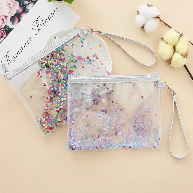 Casual PVC Zipper Cosmetic Beauty Bag Hand Pull Sequin Quicksand Make Up Bag Pouch Travel Portable Makeup Wash Bag Necessarie